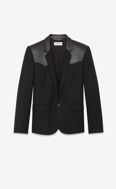 Western-style jacket in chevron wool and leather